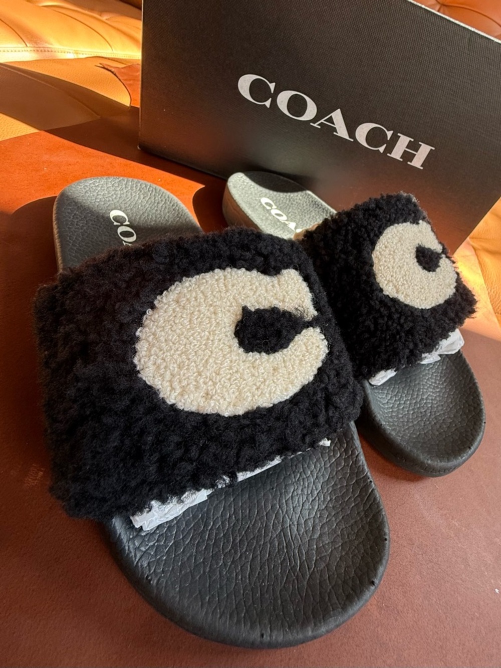 Coach Black Shearling Ulla Slide Sandals